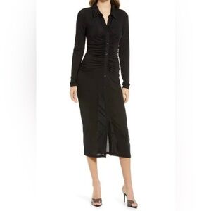 NWT Good American Shimmer Polo Long Sleeve Maxi Dress in Black001 Size 5